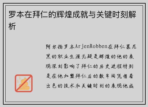 罗本在拜仁的辉煌成就与关键时刻解析